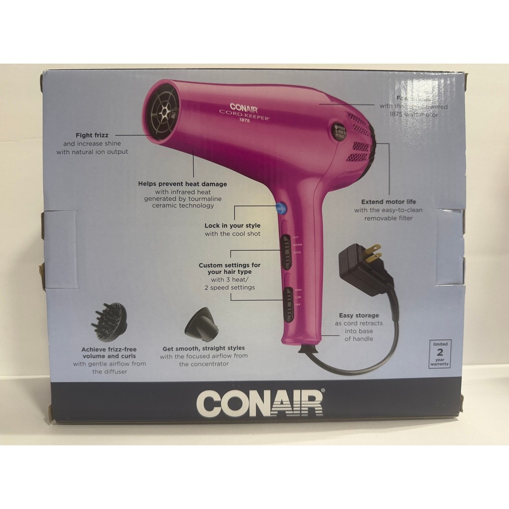 Conair Cord-Keeper Hair Dryer Pink NIB 1875 Watt Retractable Cord
